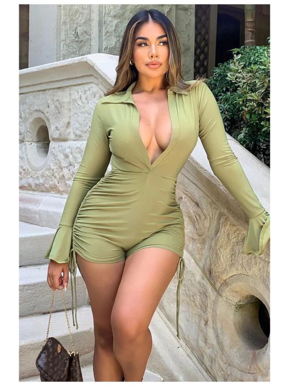 FASHION NOVA Keeping Up With Casual Olive Shorts Romper Plunge V Neck S NWT